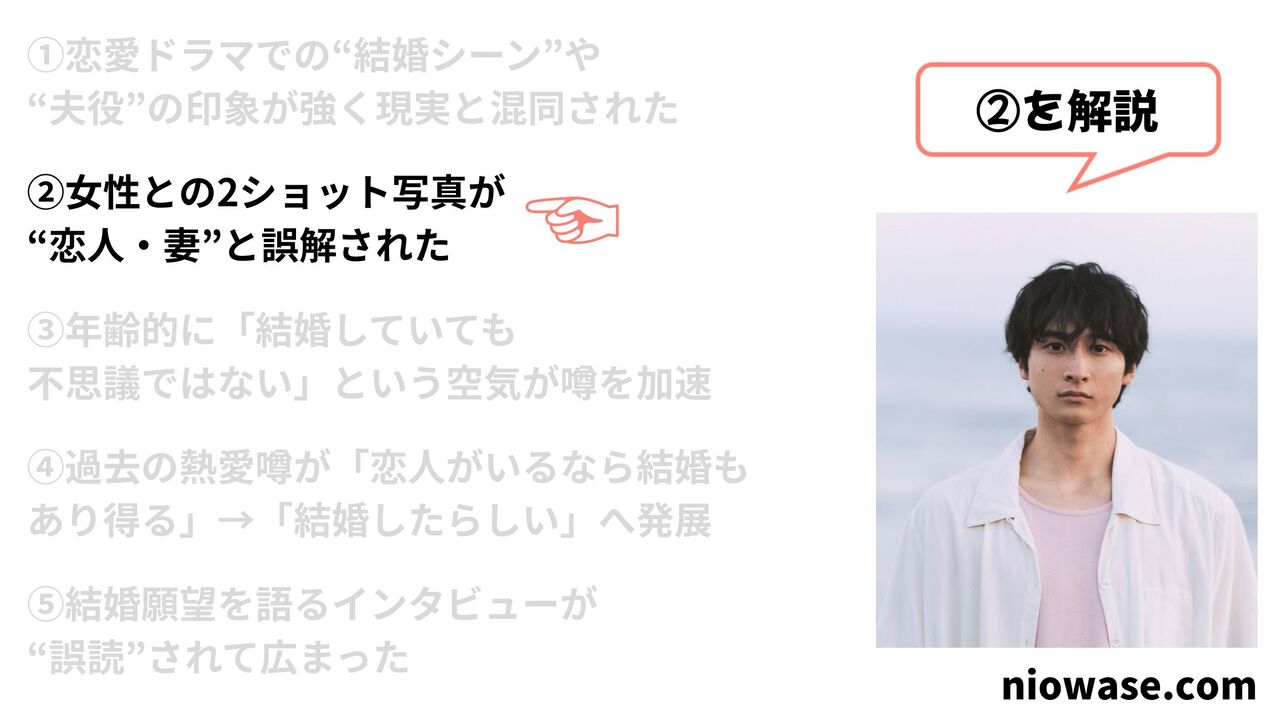 ②女性との2ショット写真が“恋人・妻”と誤解された